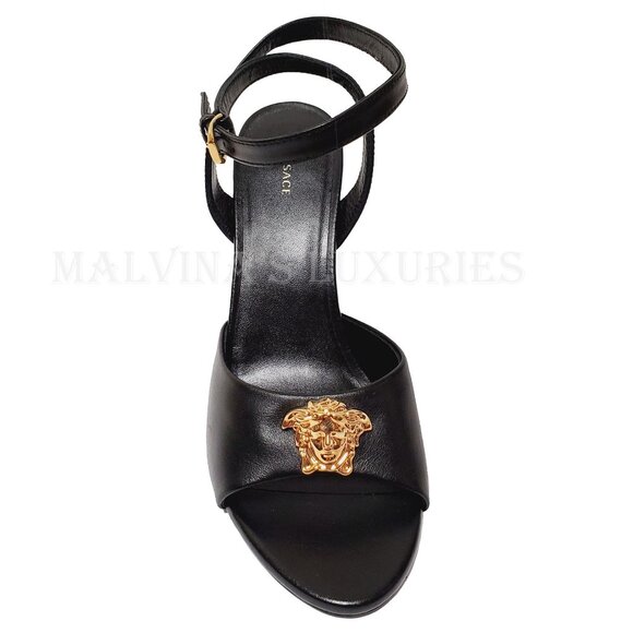 VERSACE SHOES BLACK LEATHER w MEDUSA HIGH HEEL SANDALS 38 / US 8 - Picture 6 of 12